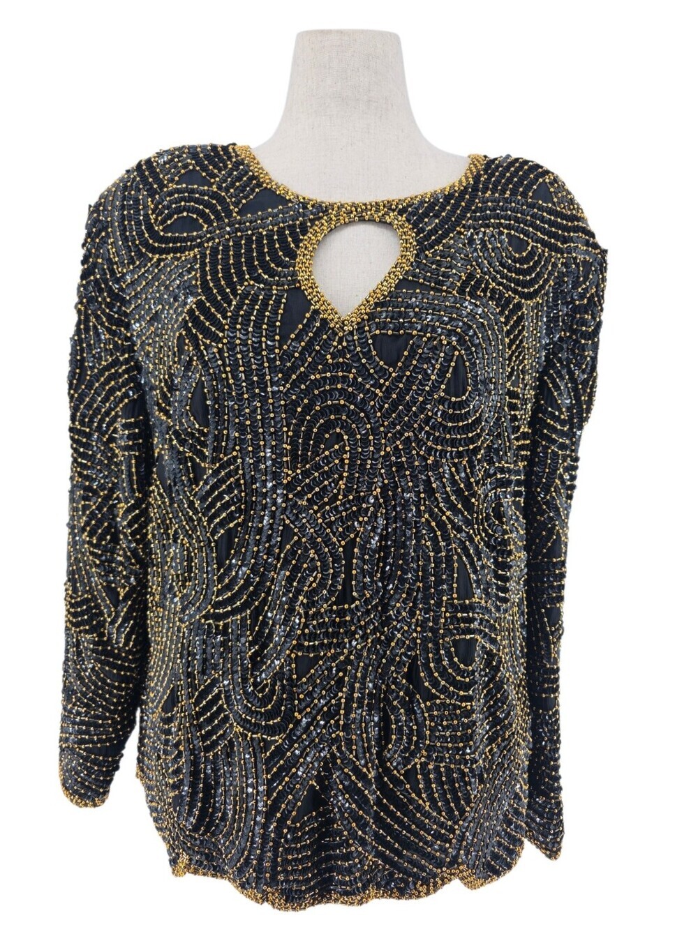 Royal Feelings Vintage 80s Silk Beaded Sequin Blouse 2X Black Gold